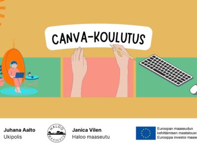Canva-koulutuksen esityksen ensimmäinen sivu, jossa lukee Canva-koulutus. Alareunassa on Pelme-hankkeen, Haloo maaseutu -hankkeen ja EU:n maaseuturahaston logot.