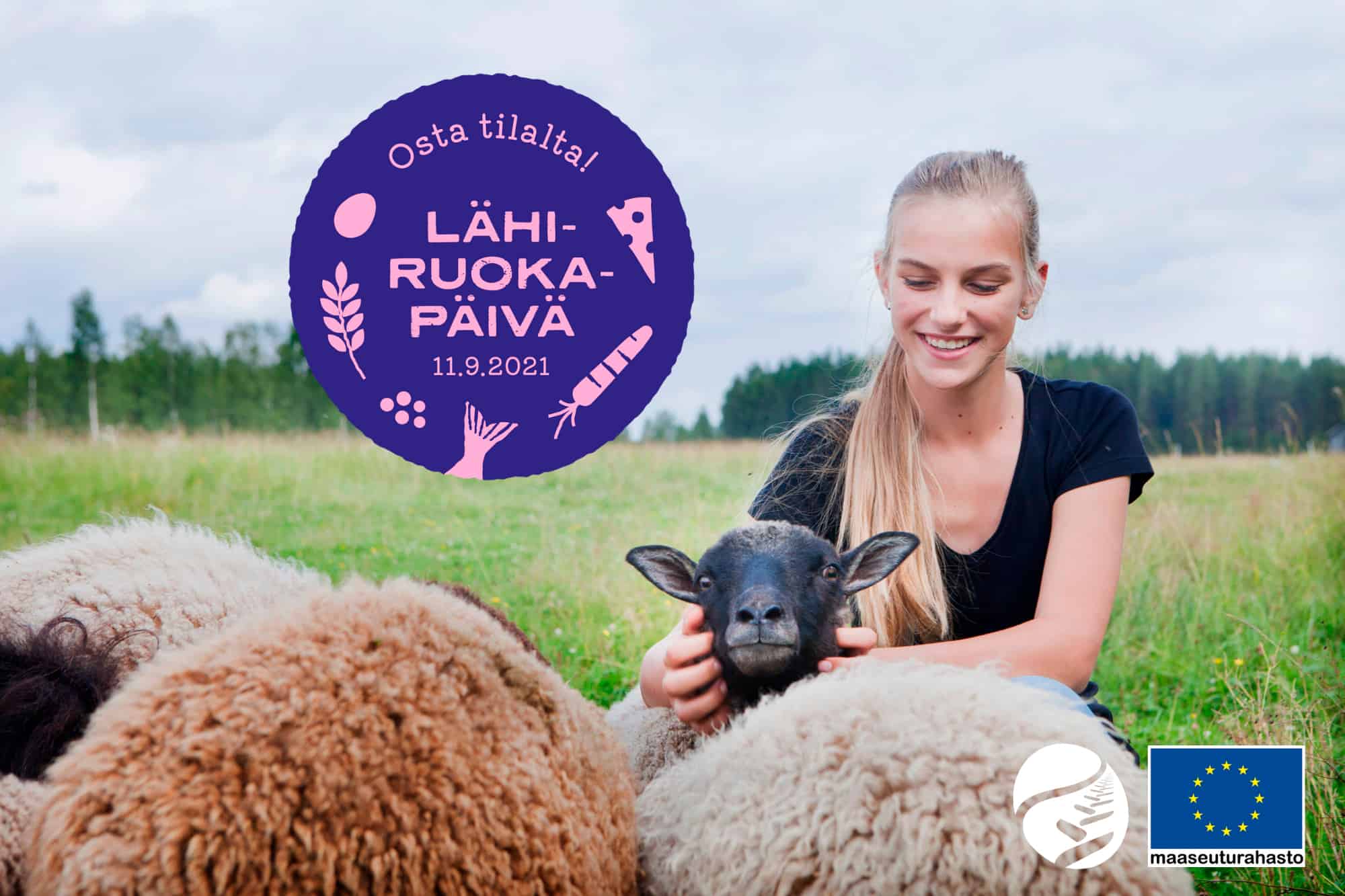 Nainen rapsuttaa lampaita laitumella, kuvan päällä Lähiruokapäivän logo.
