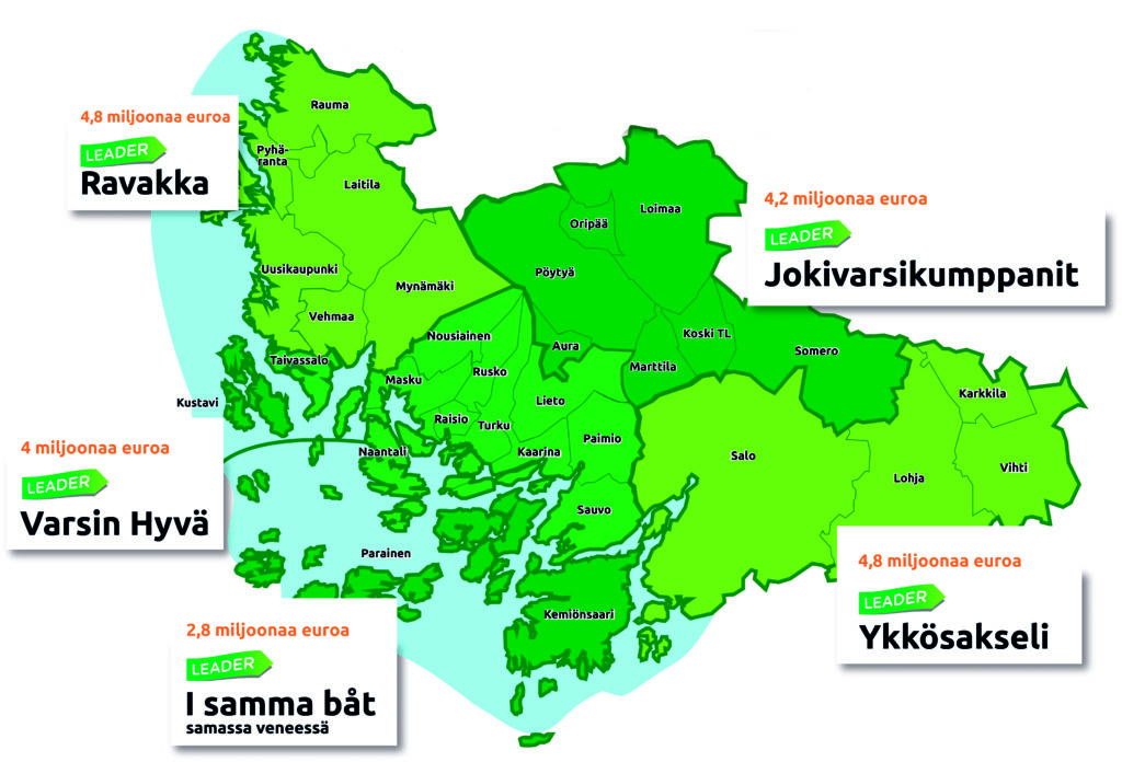 Varsinais-Suomen Leader-ryhmät ja niiden rahoituskehykset kartalla.