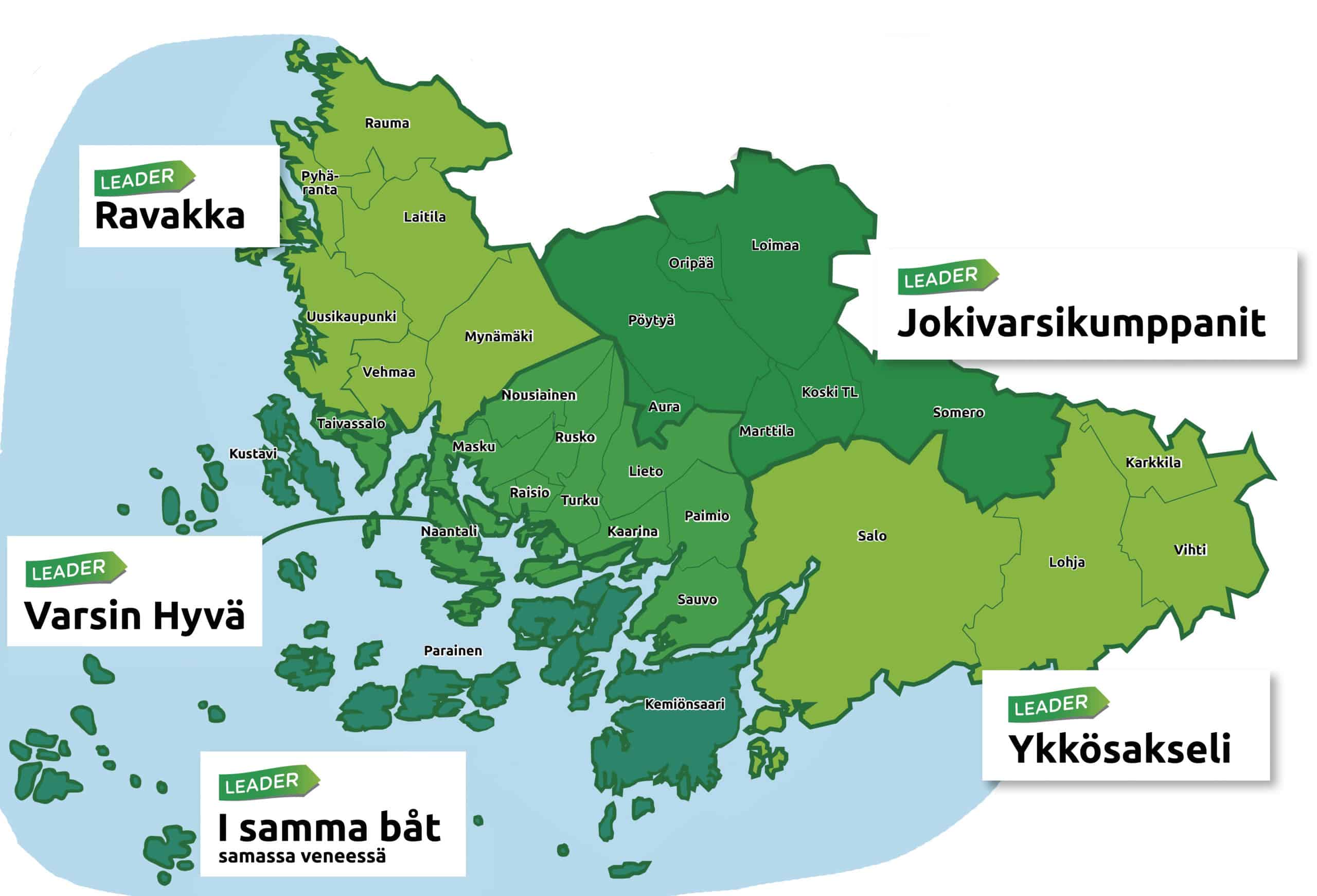 Varsinais-Suomen kartalla Leader-ryhmien aluerajat.
