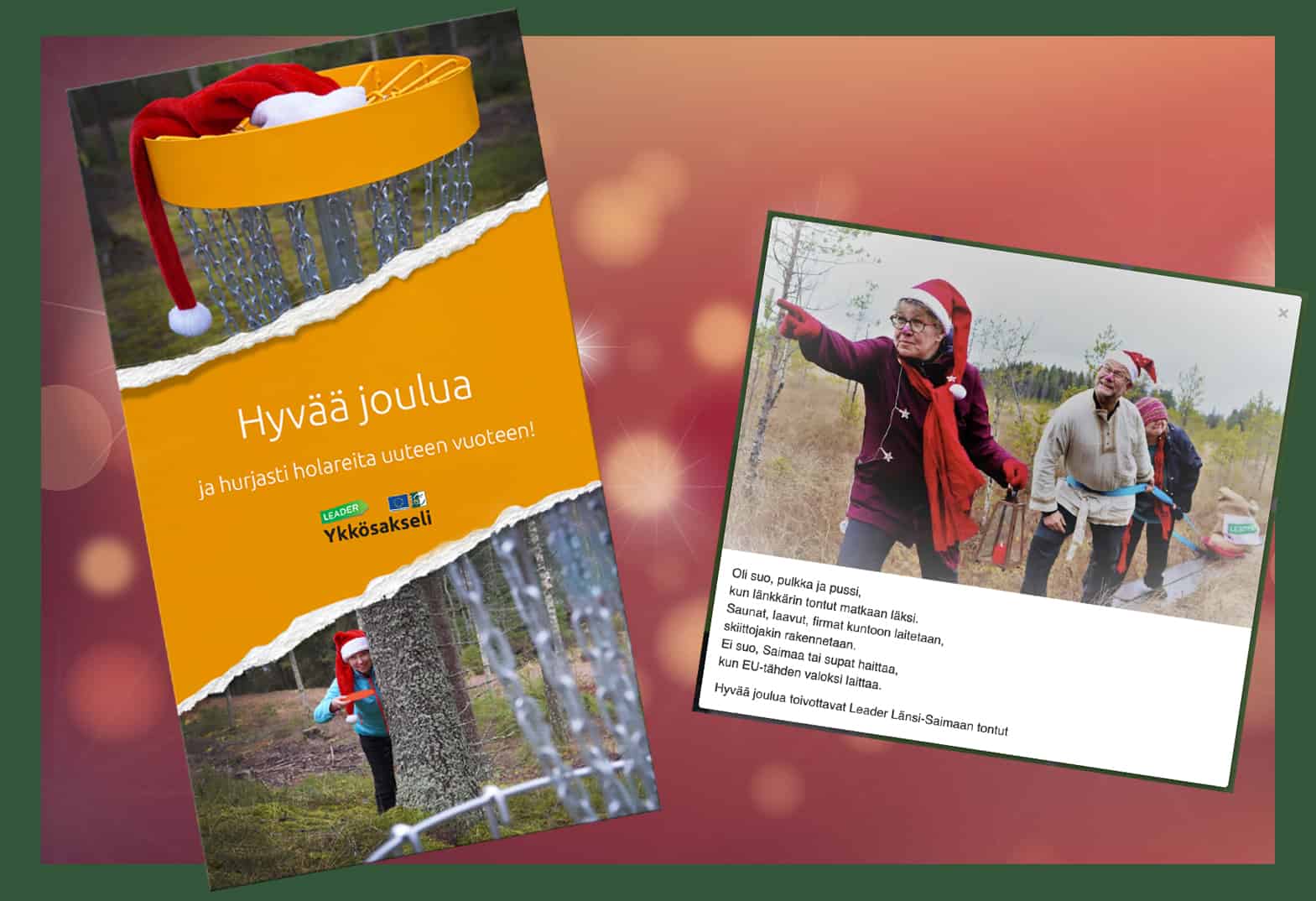 Vasemmalla Ykkösakselin joulukortti ja oikealla Leader Länsi-Saimaan kortti.