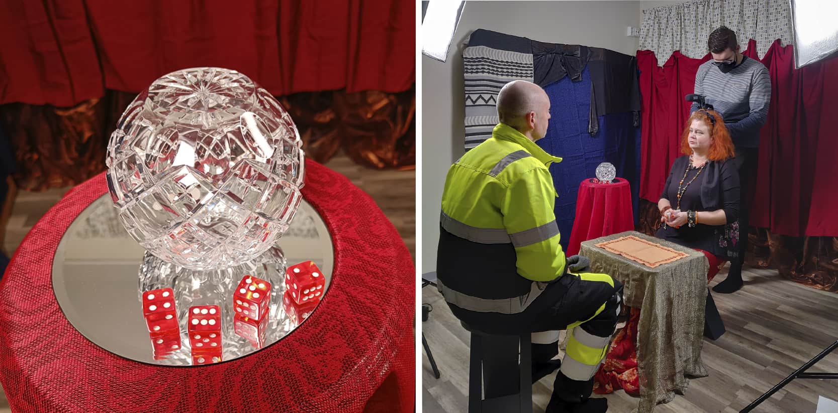 Vasemmalla kuva kristallipallosta puanisella pöytäliinalla. Pallon edessä punaiset nopat. Vasemmalla työvaatteissa oleva mies istuu ennustajan edessä.