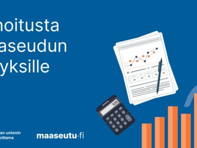 Sinisellä pohjalla kuvitusta ja teksti: Rahoitusta maaseudun yrityksille.